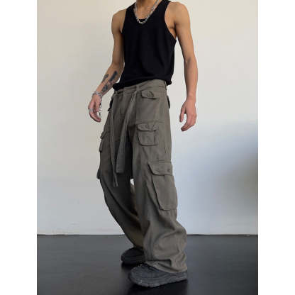 Men's Retro High Waist Large Pocket Loose Wide Leg Pants-Legletic