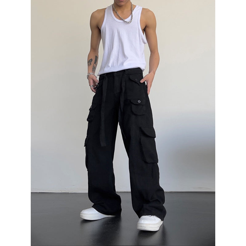 Men's Retro High Waist Large Pocket Loose Wide Leg Pants-Legletic