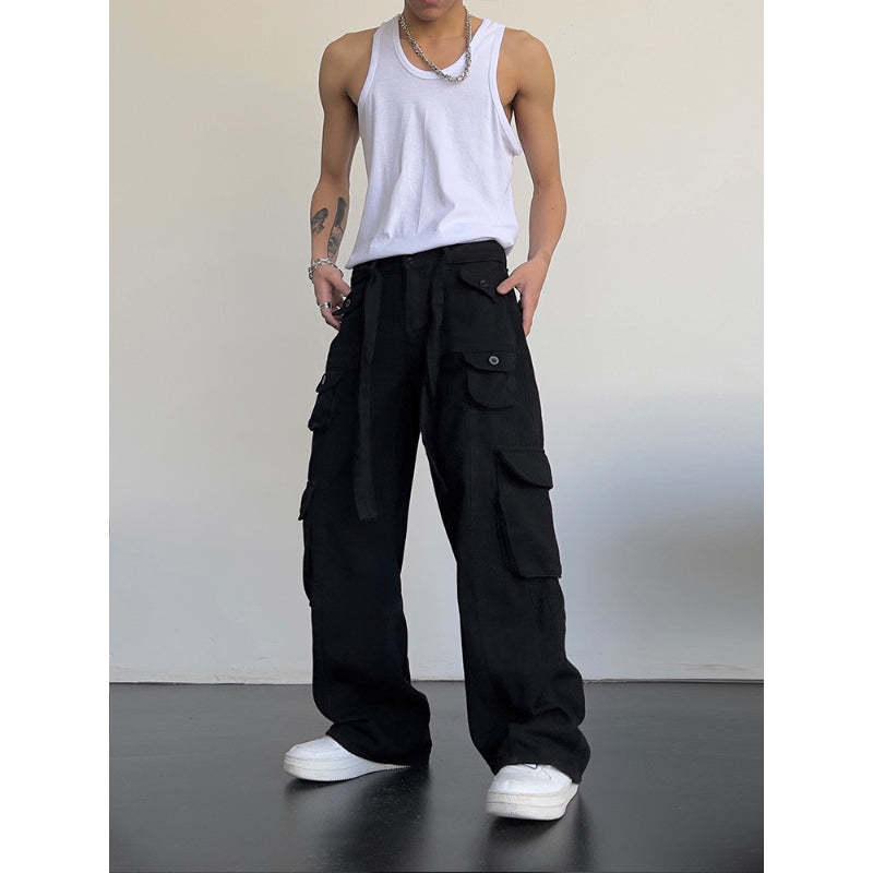 Men's Retro High Waist Large Pocket Loose Wide Leg Pants-Legletic