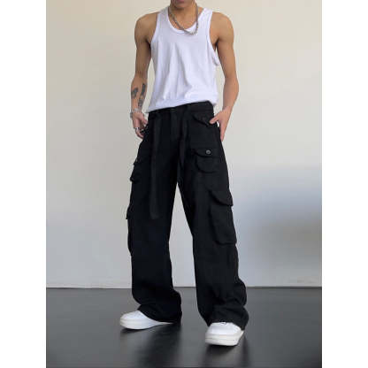 Men's Retro High Waist Large Pocket Loose Wide Leg Pants-Legletic