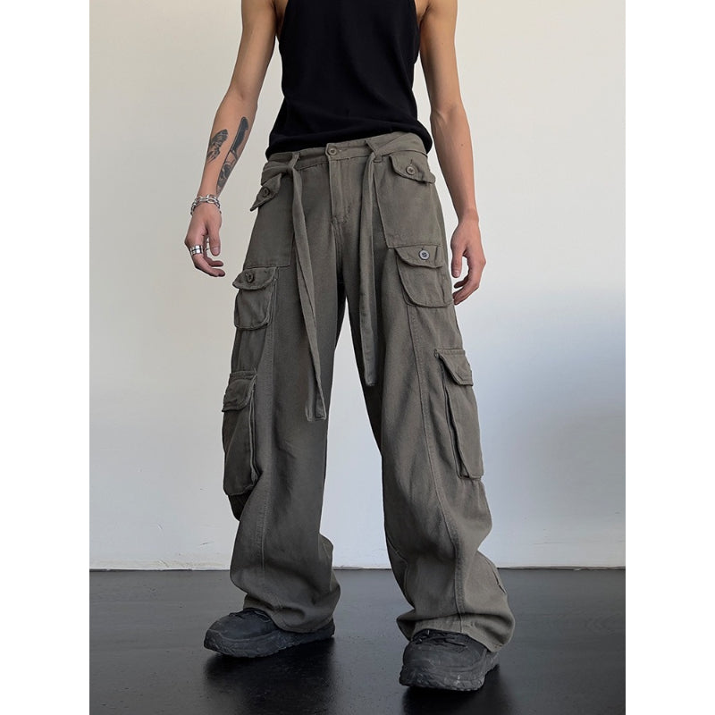 Men's Retro High Waist Large Pocket Loose Wide Leg Pants-Legletic