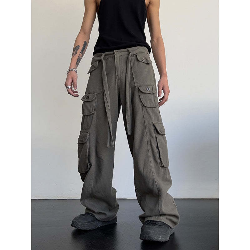 Men's Retro High Waist Large Pocket Loose Wide Leg Pants-Legletic