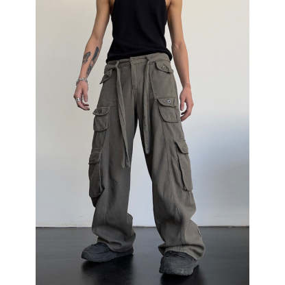 Men's Retro High Waist Large Pocket Loose Wide Leg Pants-Legletic