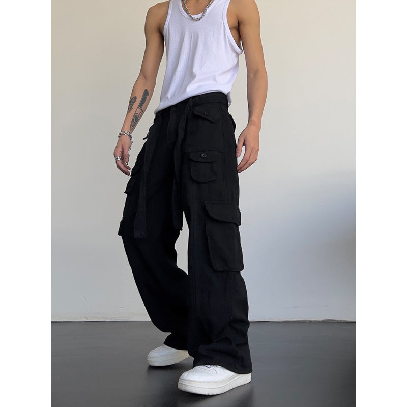 Men's Retro High Waist Large Pocket Loose Wide Leg Pants-Legletic