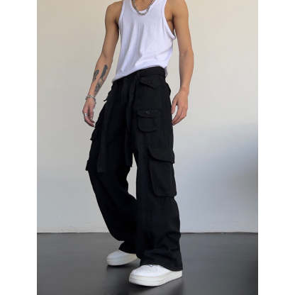 Men's Retro High Waist Large Pocket Loose Wide Leg Pants-Legletic