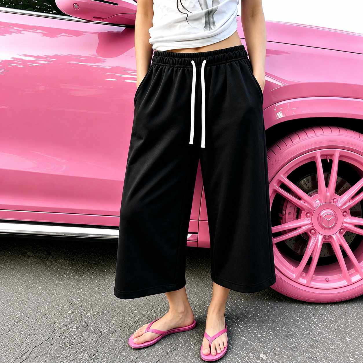 Casual Wide Loose Mid Length Sports Bermuda Lounge Pants With Drawstring For Women