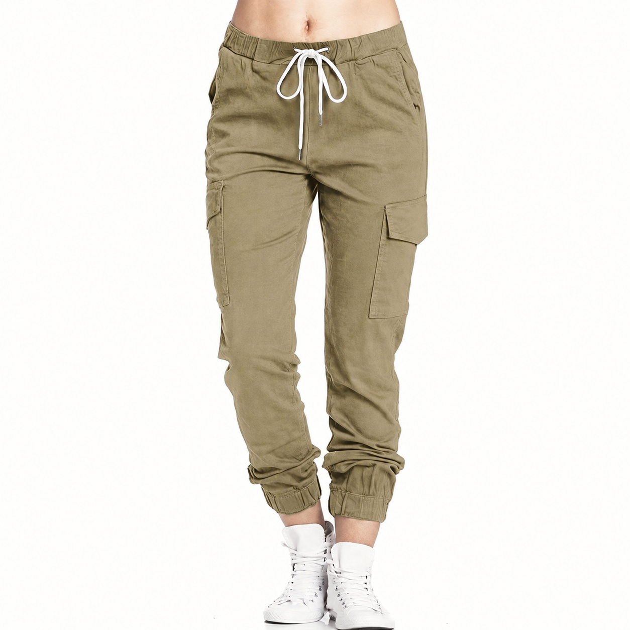 Casual Solid Long Cargo Pants With Drawstring And Pockets For Women