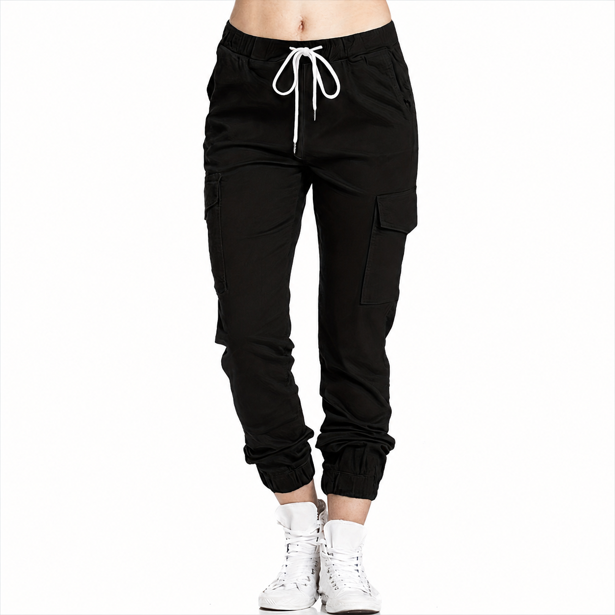 Casual Solid Long Cargo Pants With Drawstring And Pockets For Women