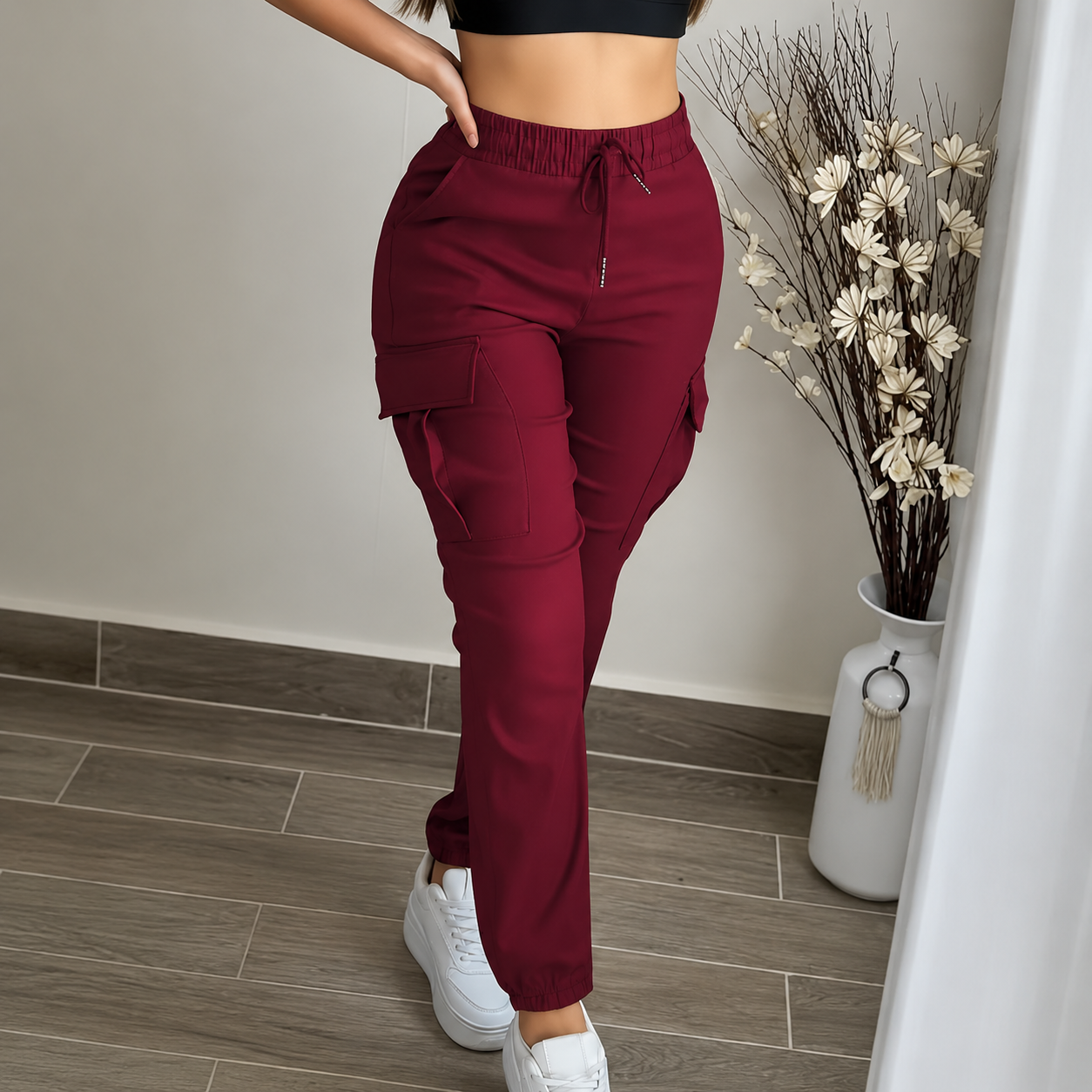 Regular Fit Drawstring Cargo Trouser Pants With Pockets For Women