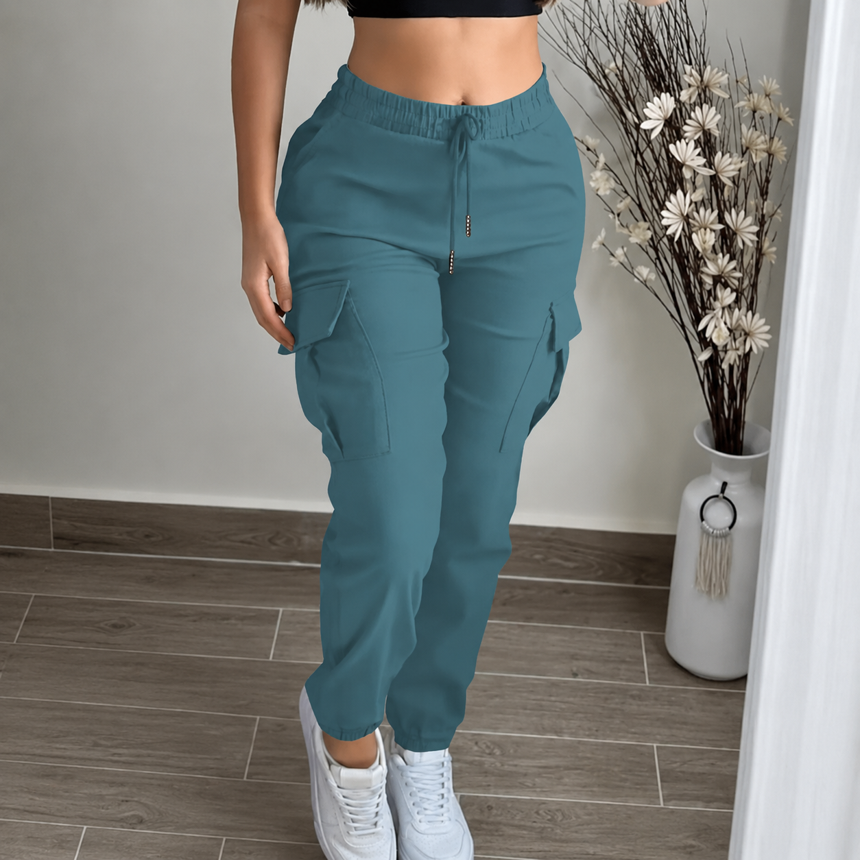 Regular Fit Drawstring Cargo Trouser Pants With Pockets For Women