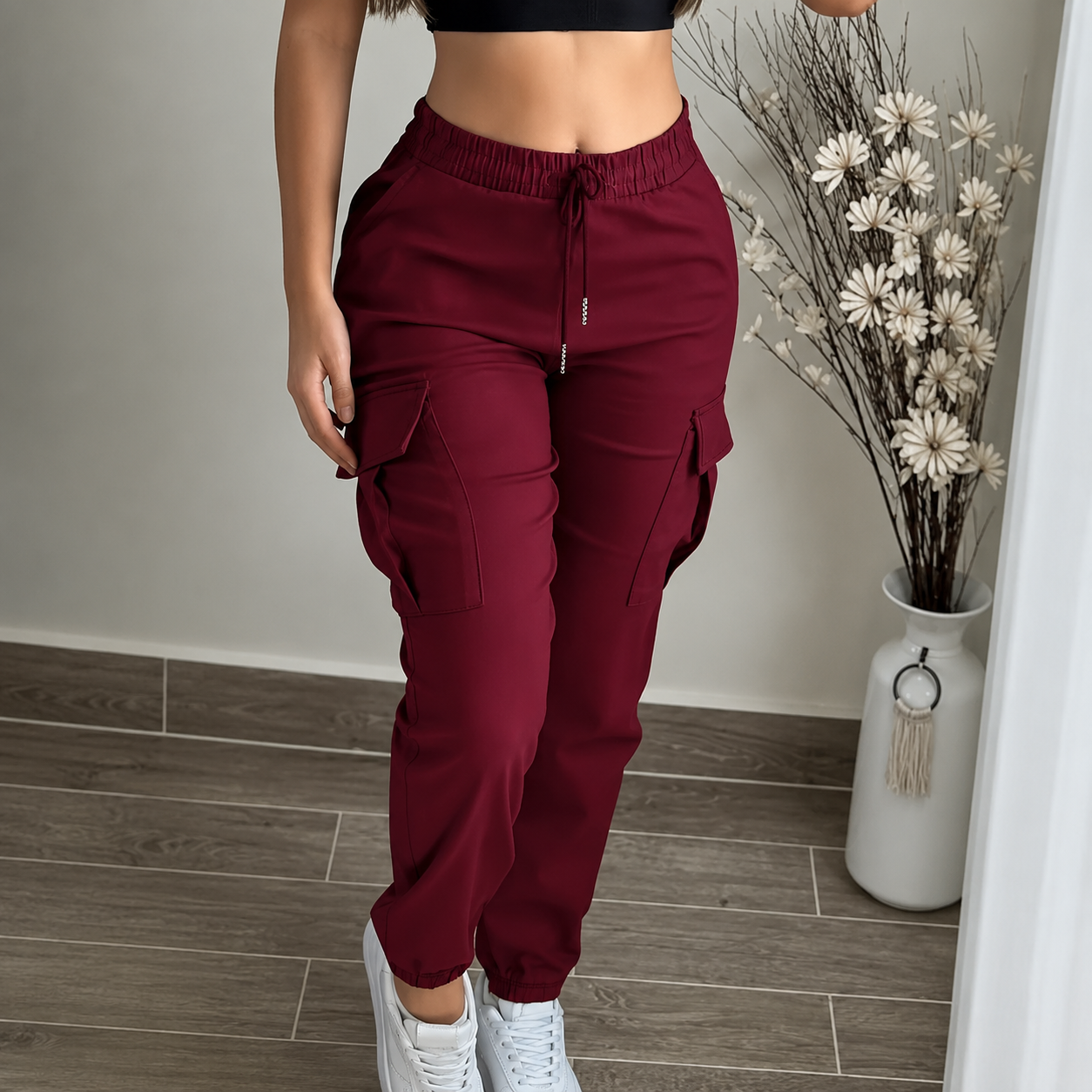 Regular Fit Drawstring Cargo Trouser Pants With Pockets For Women