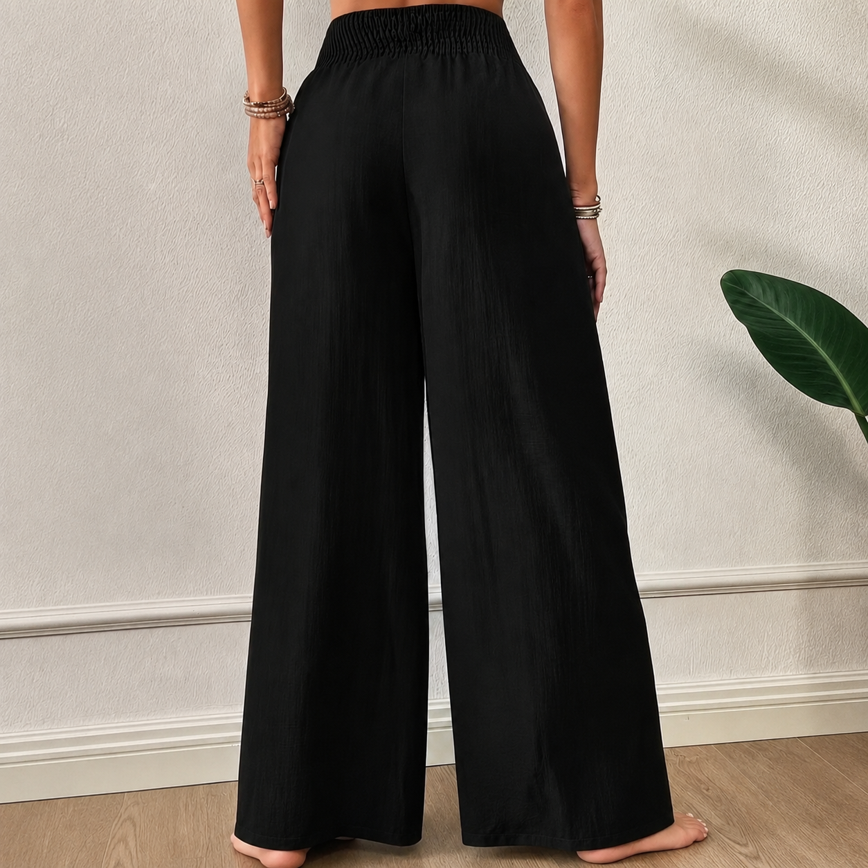 High Rise Wide Fit Pull On Casual Pants For Women