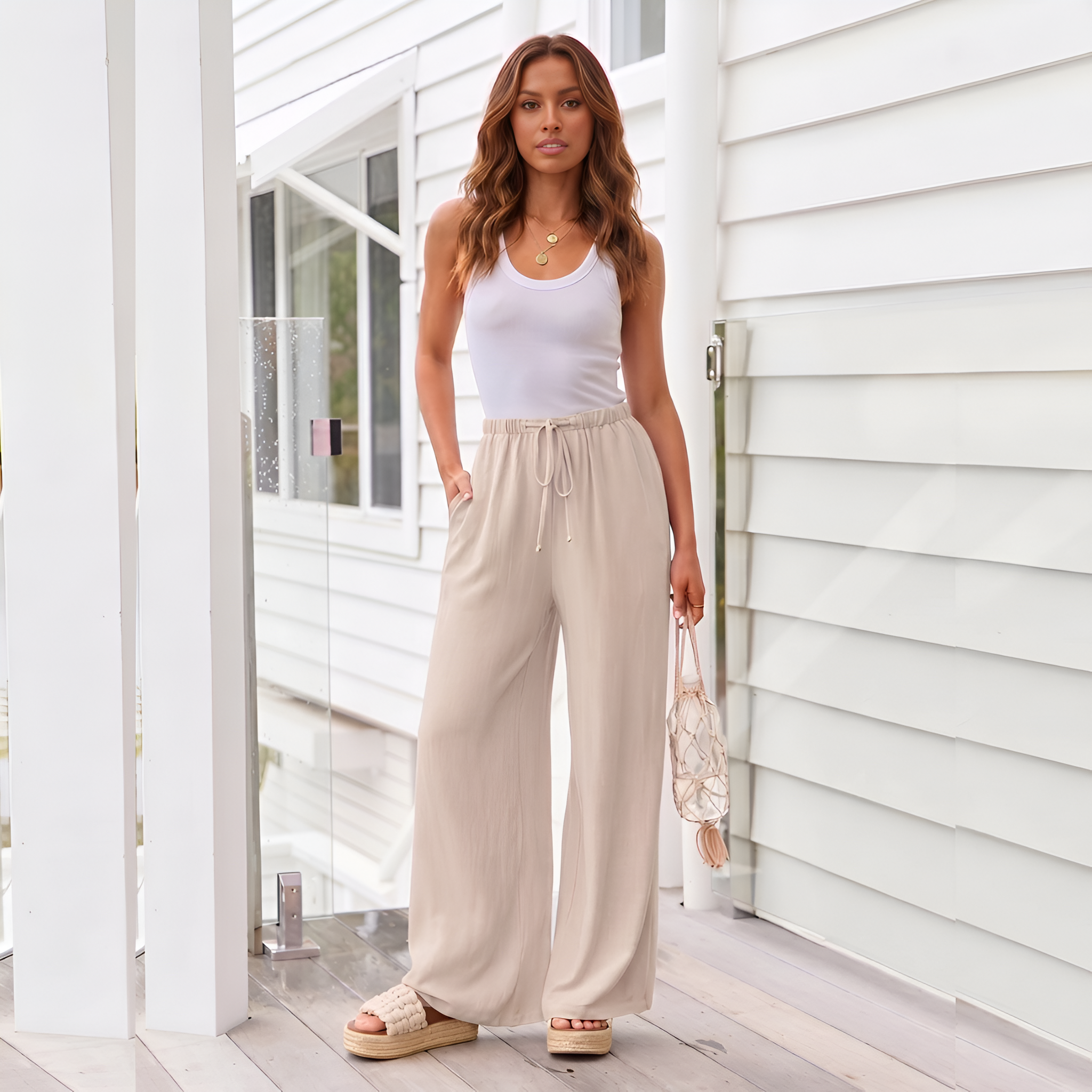 Summer Wide Flowy Beach Palazzo Pants With Pockets For Women