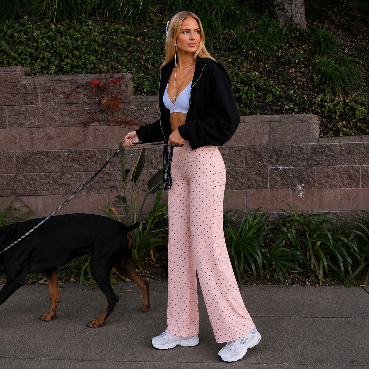 Polka Dot Print Slim Fit Casual Wide Sports Pants For Women