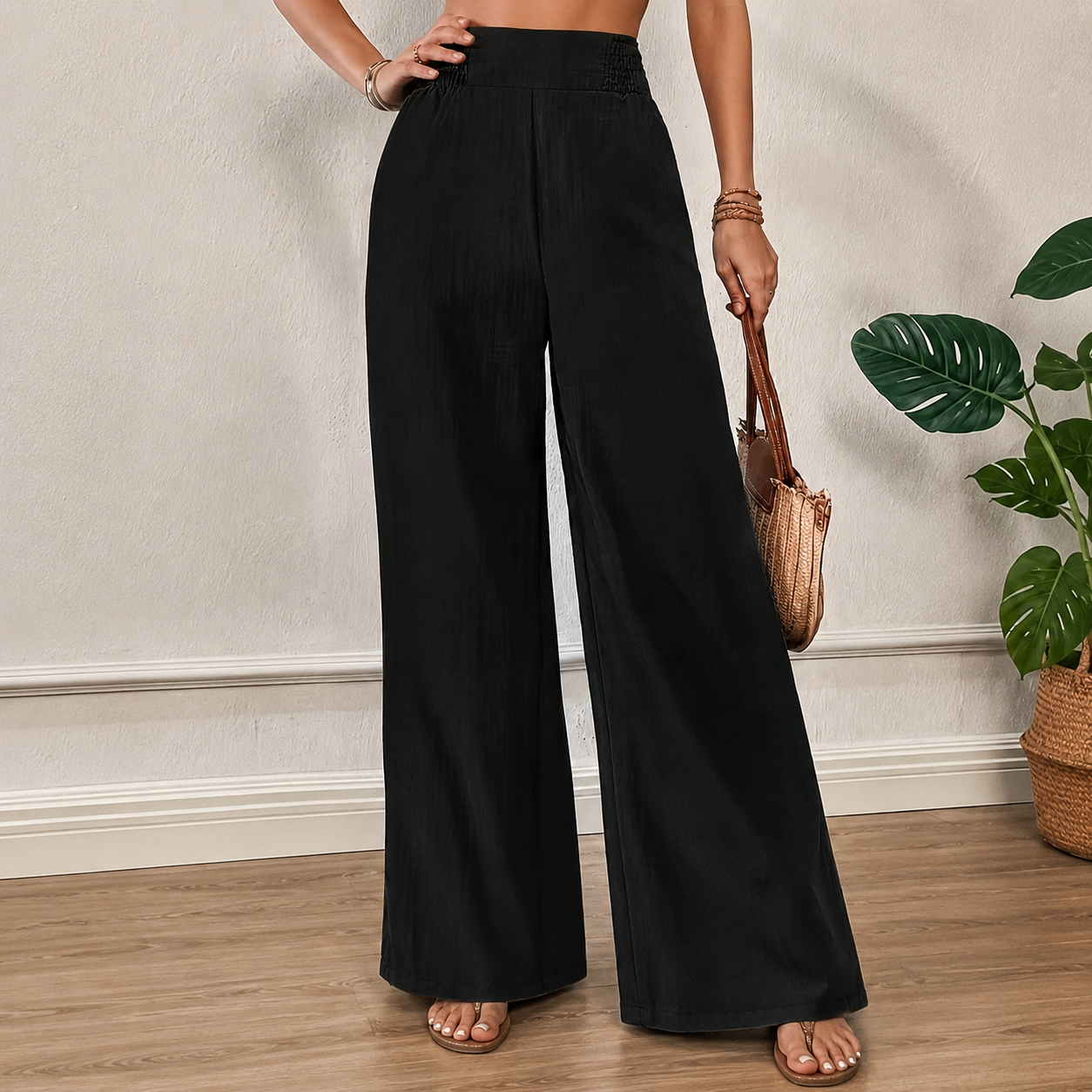 High Rise Wide Fit Pull On Casual Pants For Women