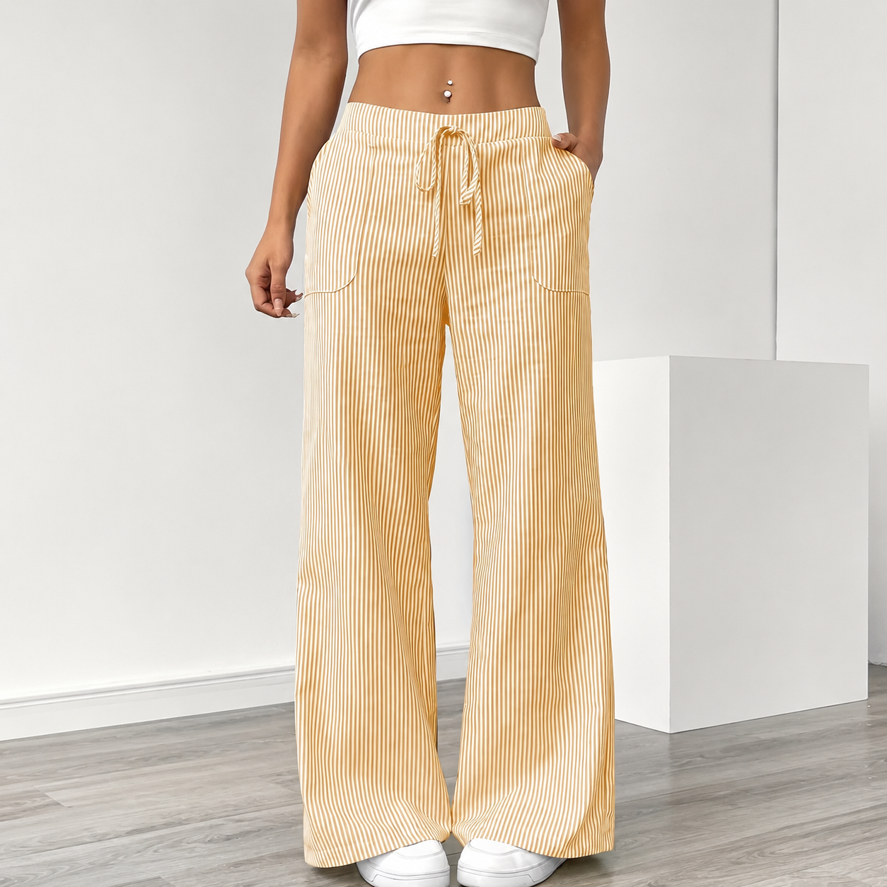 Lightweight Striped Loose Fit Wide Casual Pants With Drawstring Pockets For Women