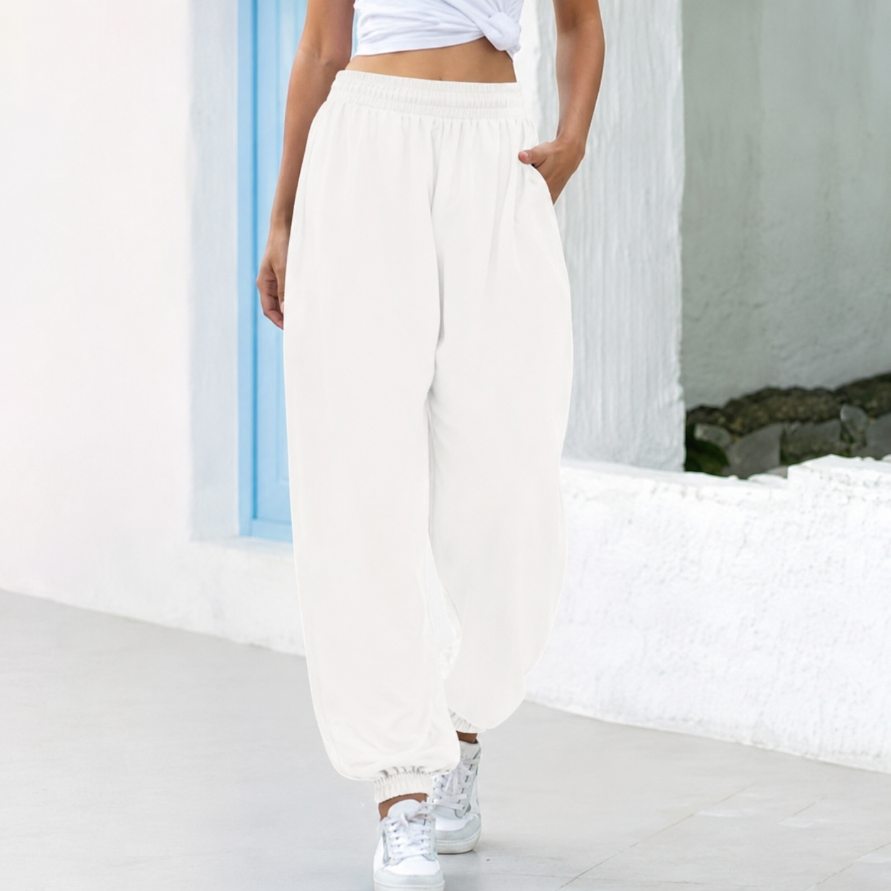 High Rise Wide Casual Cropped Pants With Pockets For Women