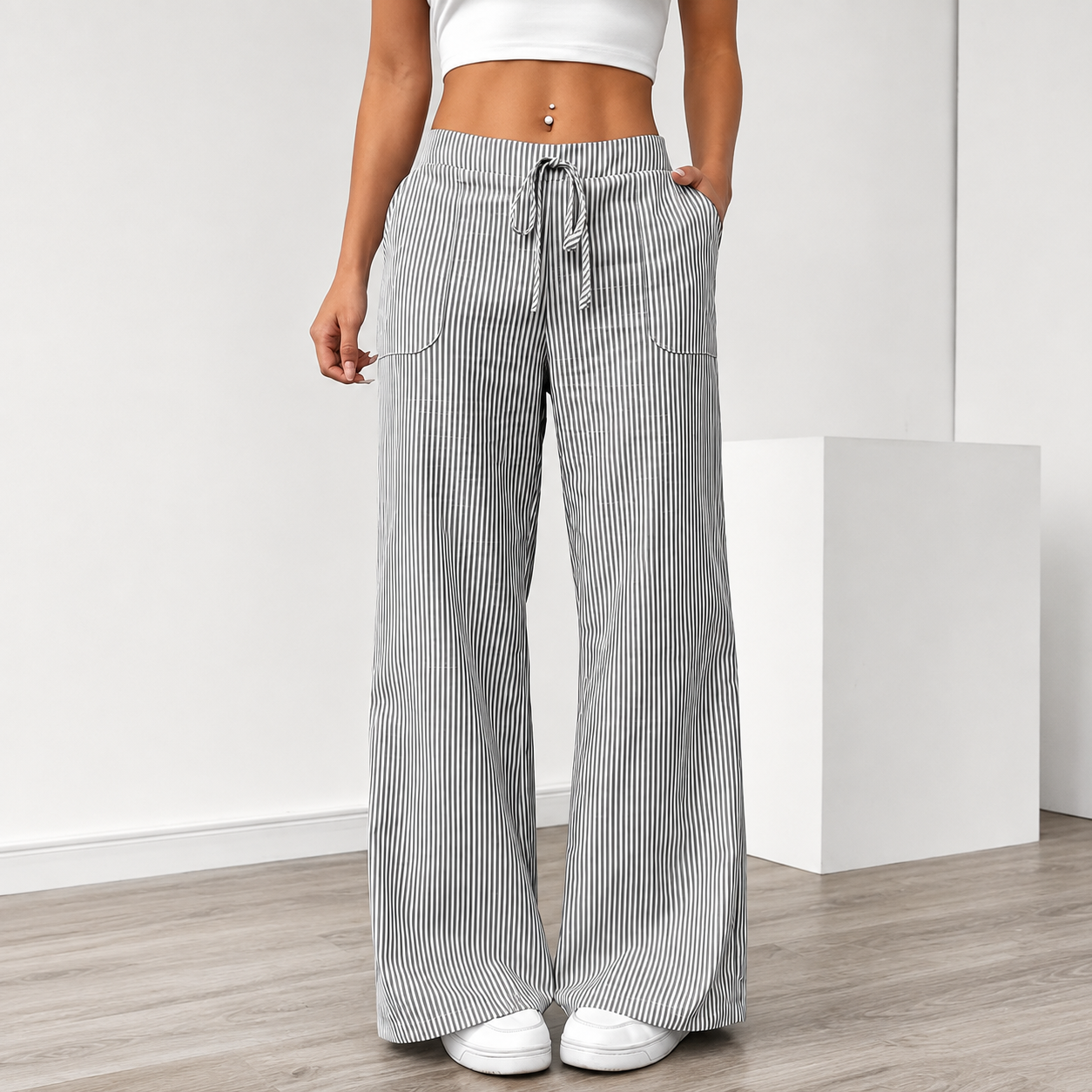 Lightweight Striped Loose Fit Wide Casual Pants With Drawstring Pockets For Women