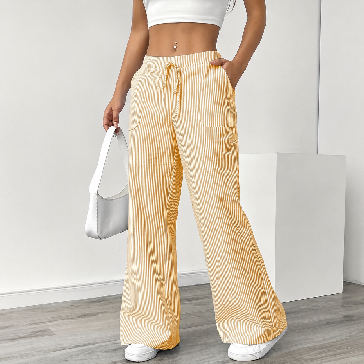 Lightweight Striped Loose Fit Wide Casual Pants With Drawstring Pockets For Women