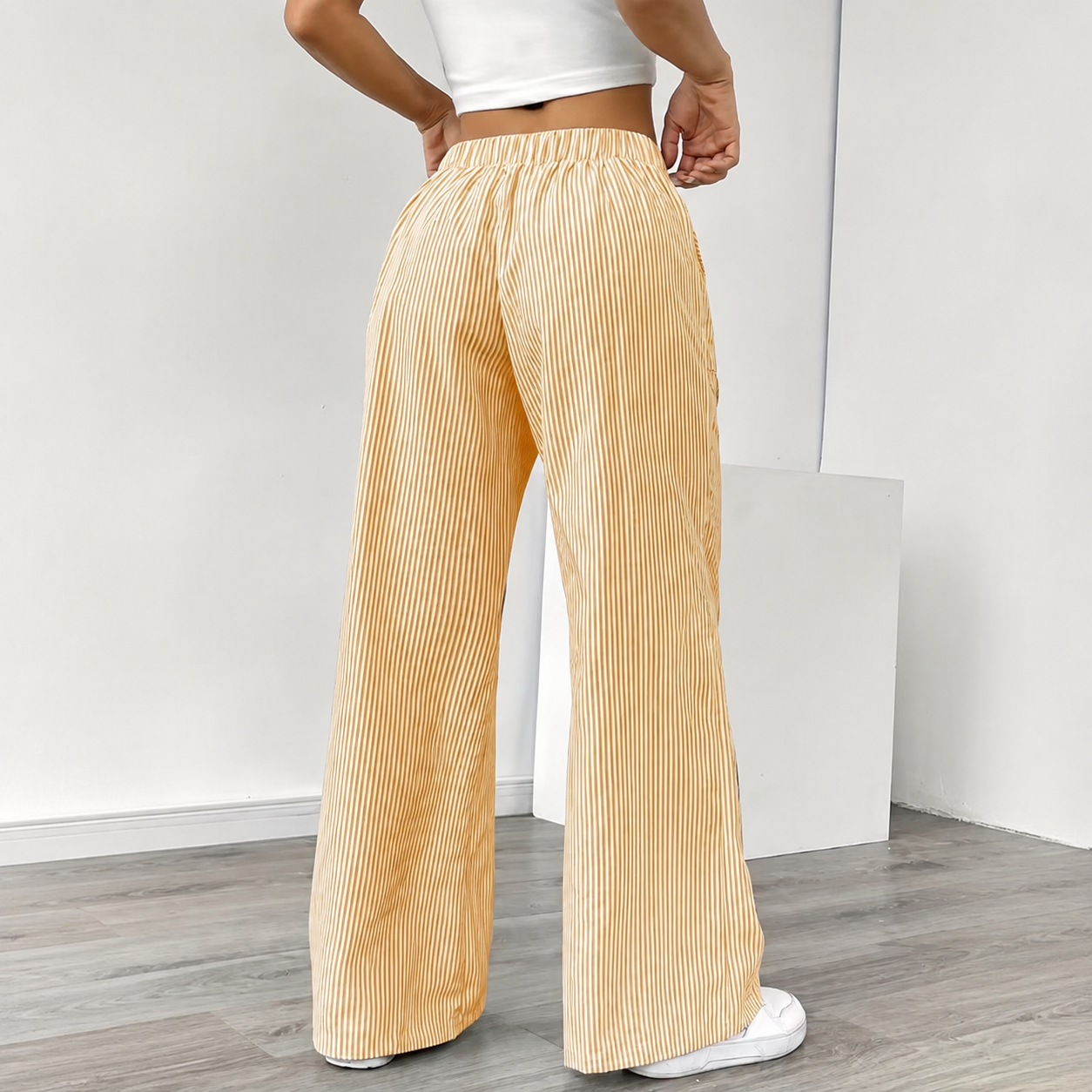 Lightweight Striped Loose Fit Wide Casual Pants With Drawstring Pockets For Women
