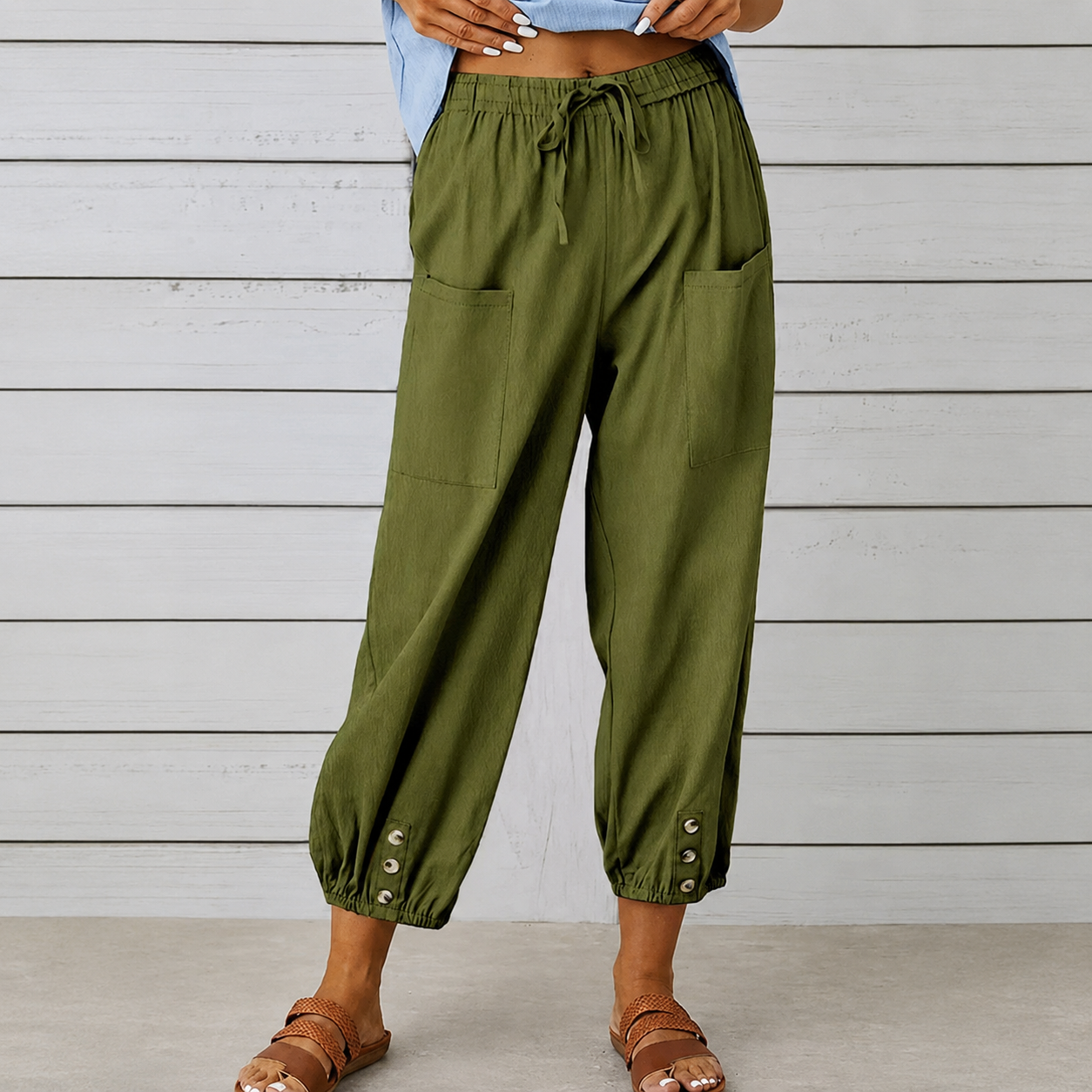 Casual Wide Loose Capri Pants With Drawstring And Pockets For Women