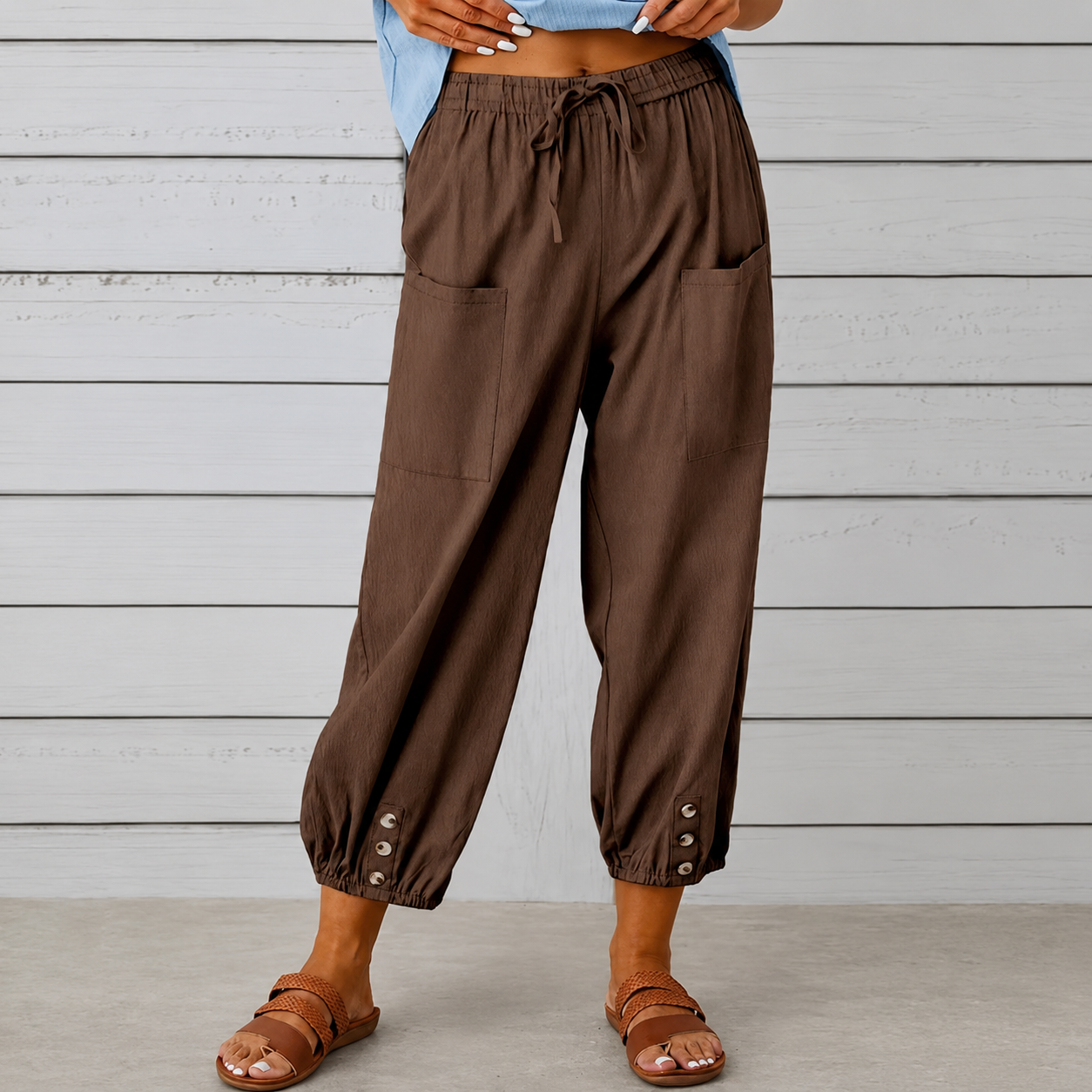 Casual Wide Loose Capri Pants With Drawstring And Pockets For Women