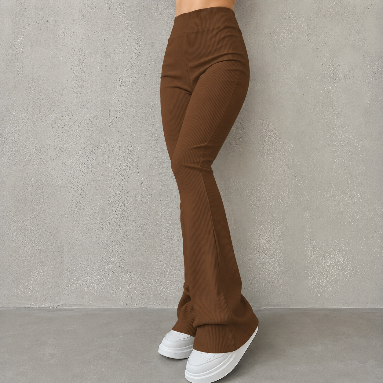 Slim Fit High Rise Ribbed Flare Pants Casual Solid Trousers For Women