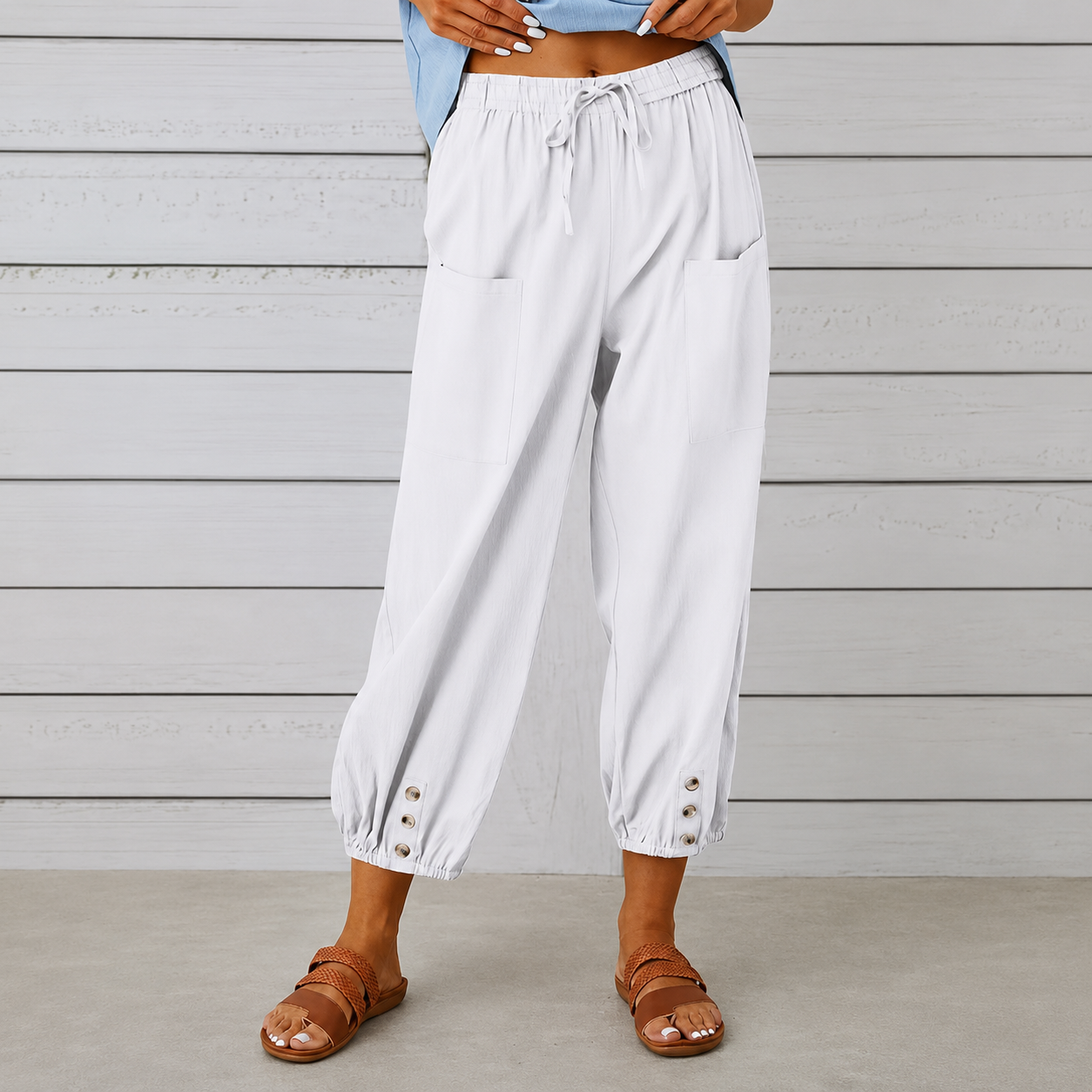 Casual Wide Loose Capri Pants With Drawstring And Pockets For Women