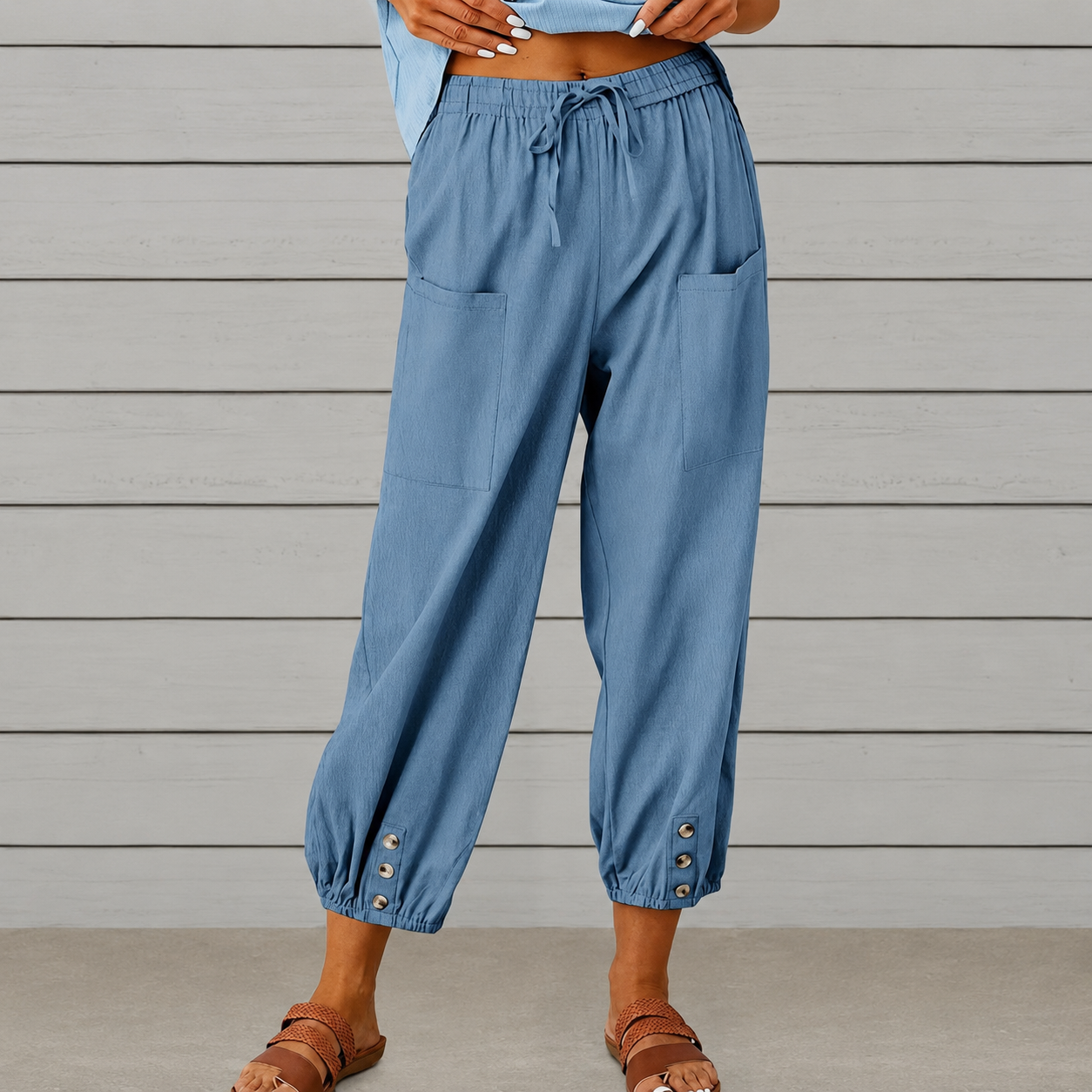 Casual Wide Loose Capri Pants With Drawstring And Pockets For Women