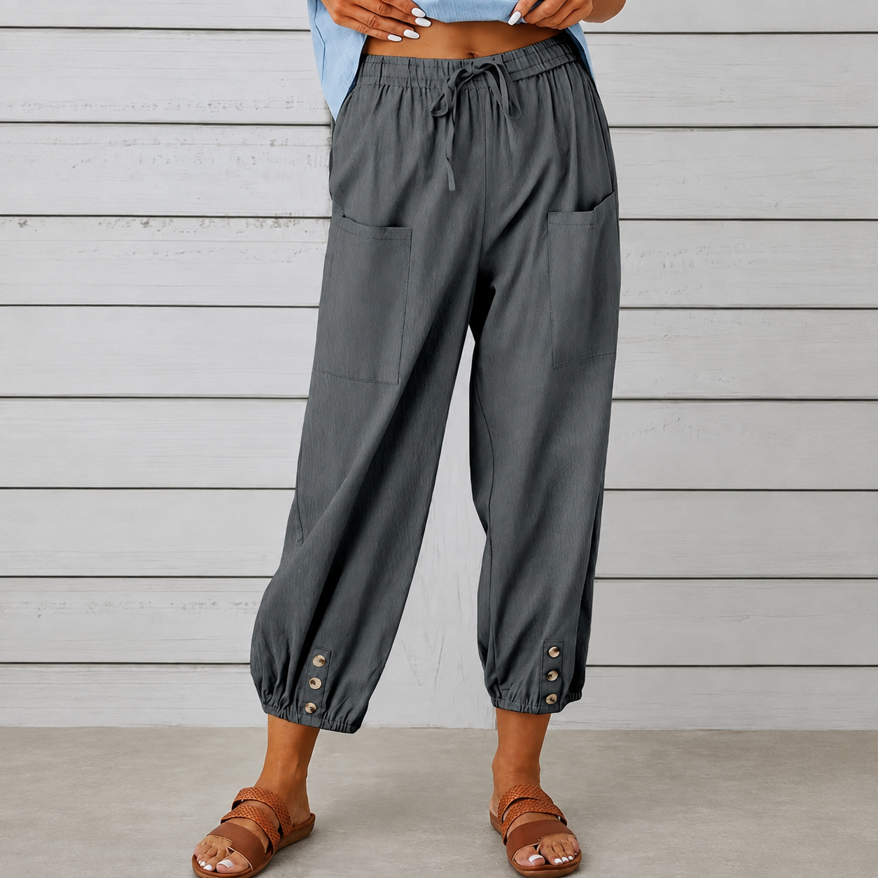 Casual Wide Loose Capri Pants With Drawstring And Pockets For Women