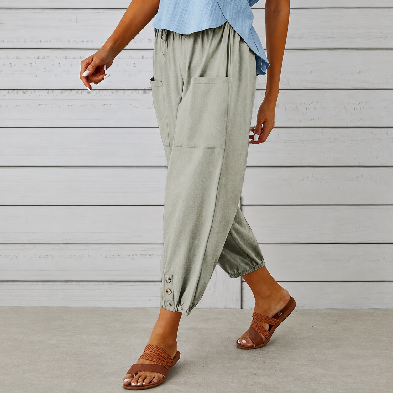 Casual Wide Loose Capri Pants With Drawstring And Pockets For Women