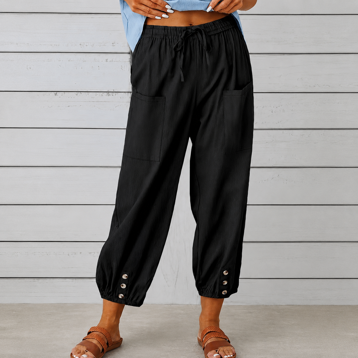 Casual Wide Loose Capri Pants With Drawstring And Pockets For Women