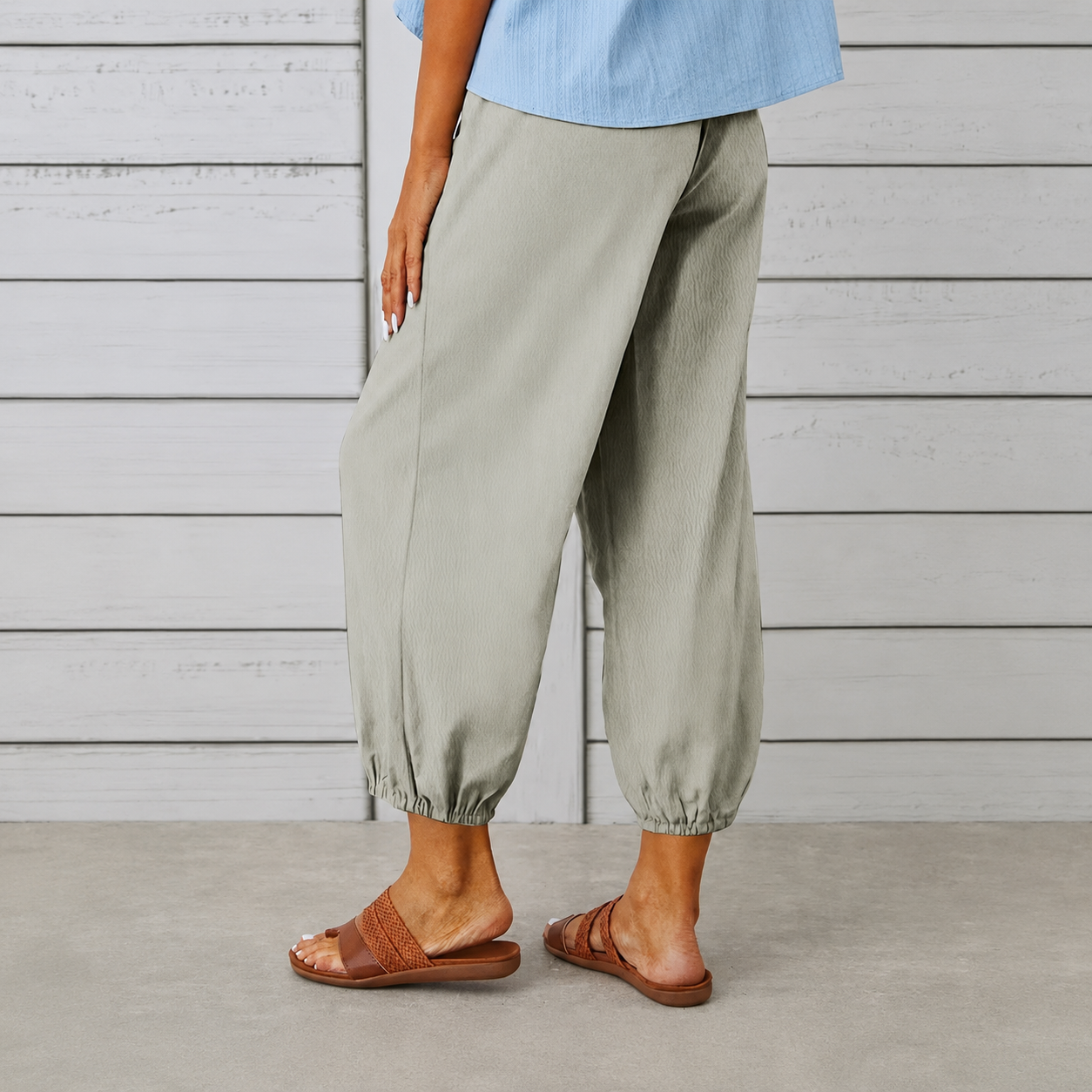 Casual Wide Loose Capri Pants With Drawstring And Pockets For Women