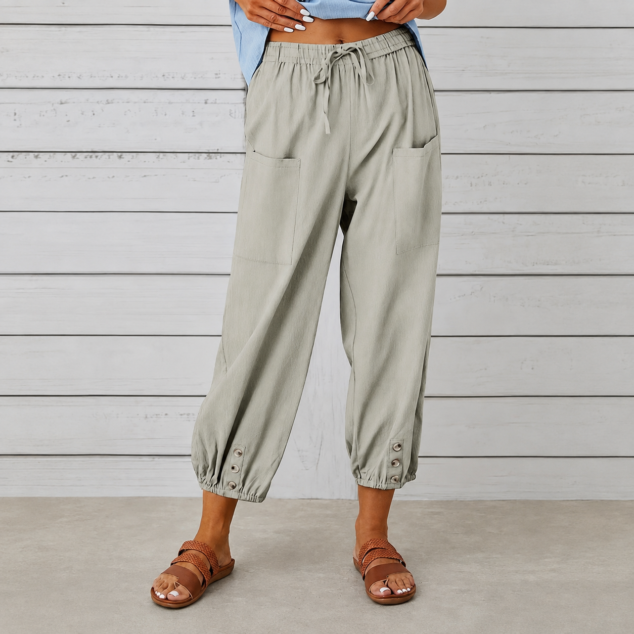 Casual Wide Loose Capri Pants With Drawstring And Pockets For Women