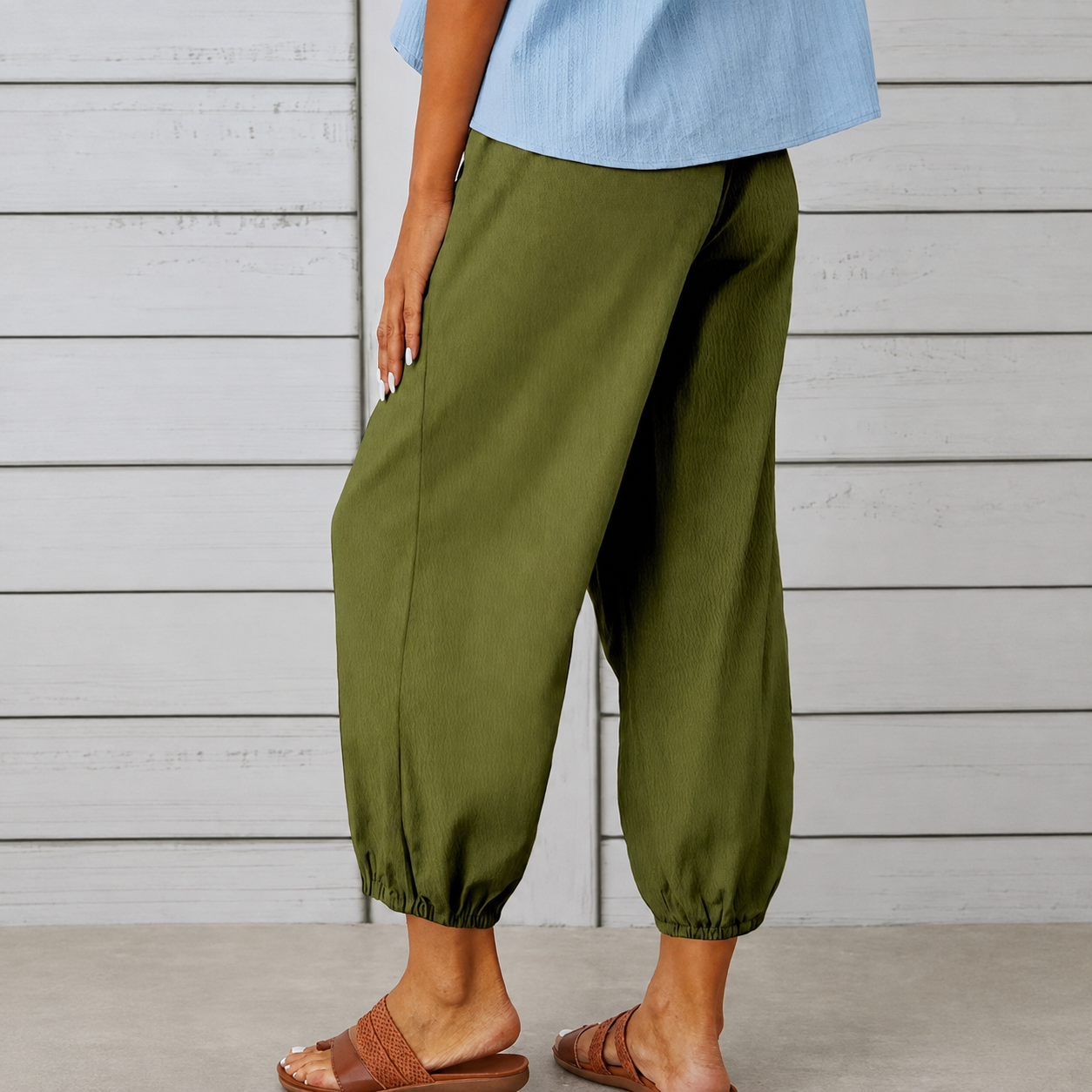 Casual Wide Loose Capri Pants With Drawstring And Pockets For Women