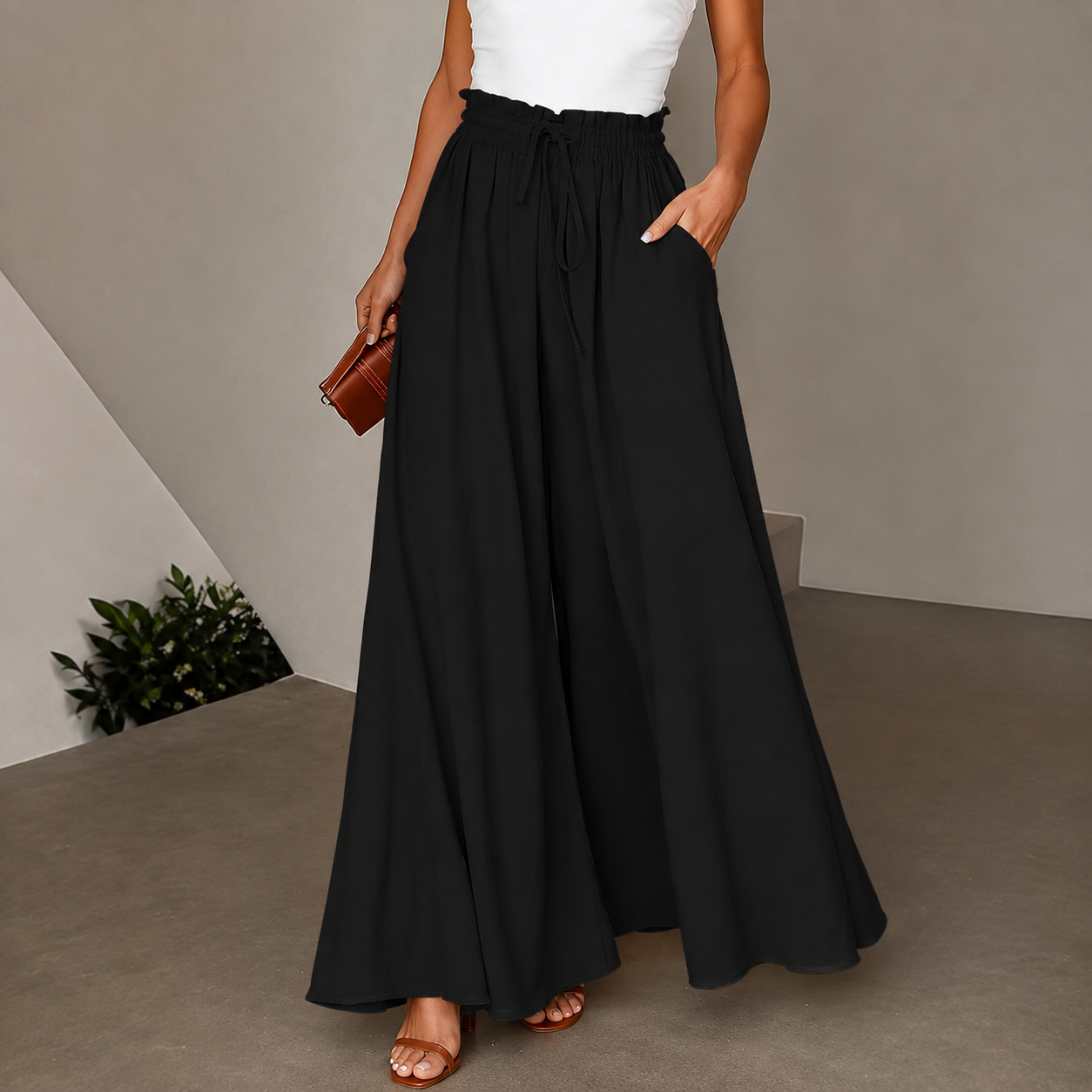 Loose Fit High Rise Wide Drawstring Pants With Pockets For Women
