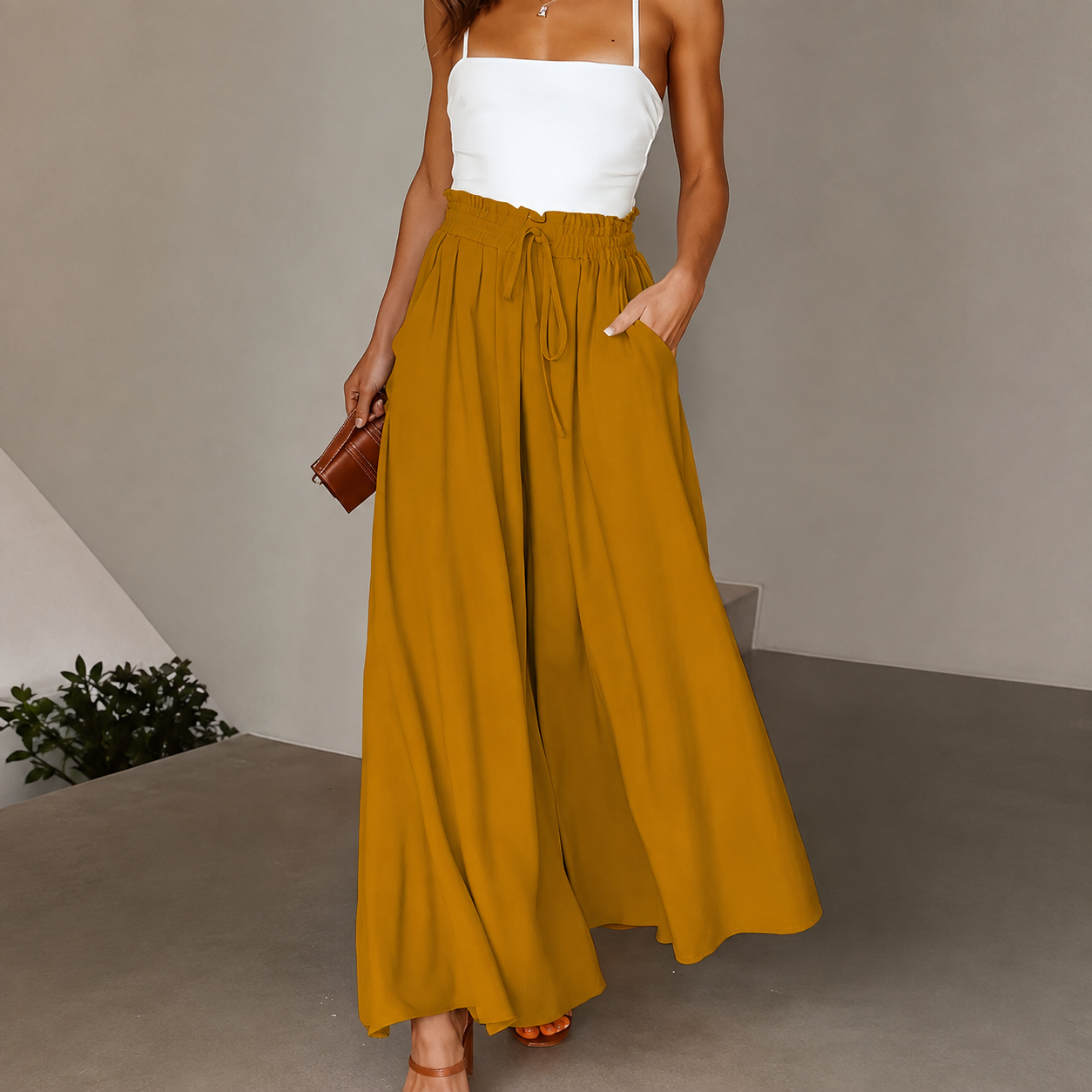 Loose Fit High Rise Wide Drawstring Pants With Pockets For Women