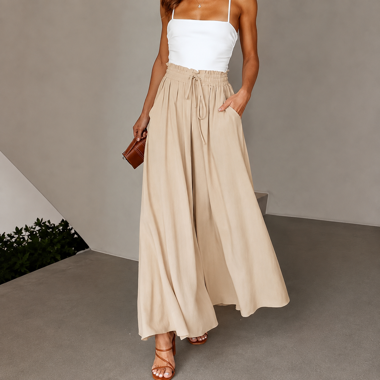 Loose Fit High Rise Wide Drawstring Pants With Pockets For Women