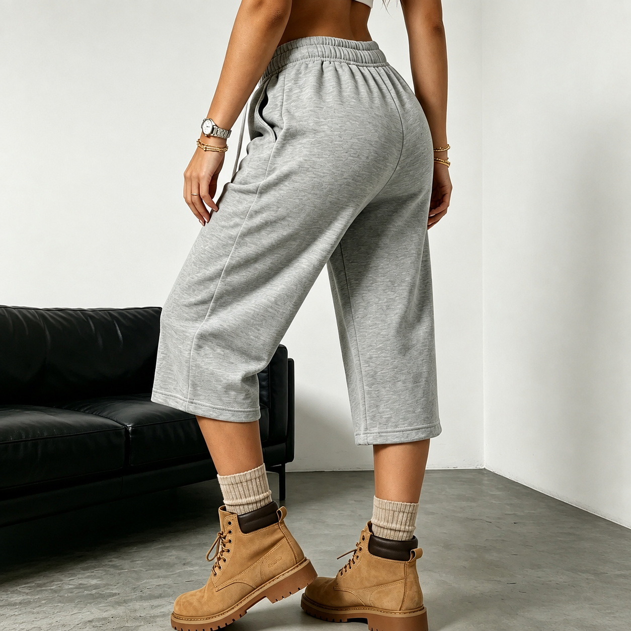 Casual Wide Loose Mid Length Sports Bermuda Lounge Pants With Drawstring For Women
