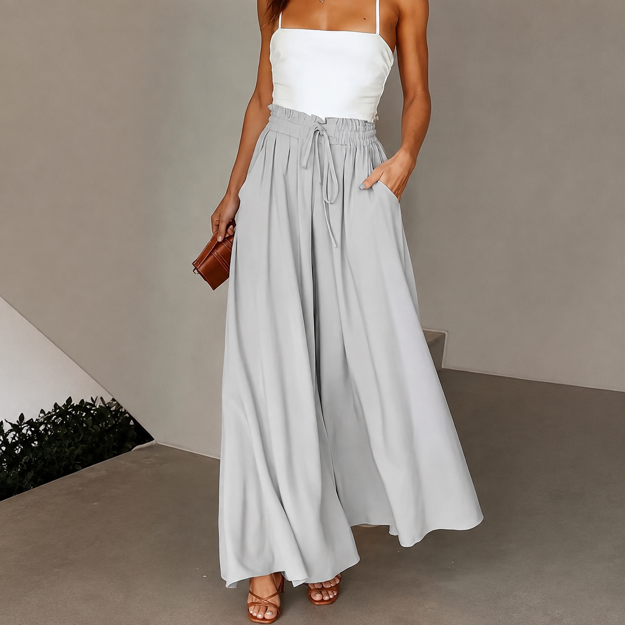 Loose Fit High Rise Wide Drawstring Pants With Pockets For Women