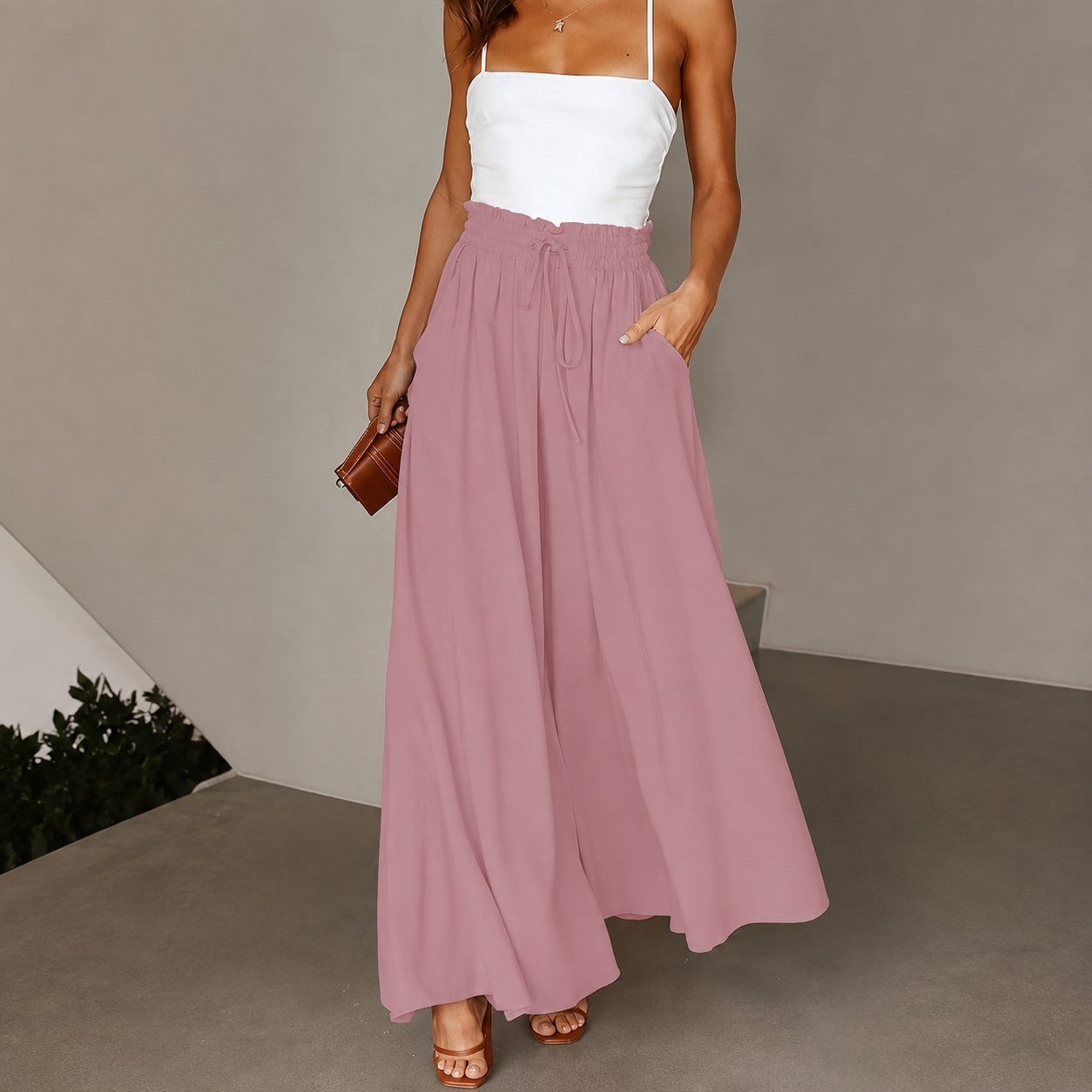 Loose Fit High Rise Wide Drawstring Pants With Pockets For Women