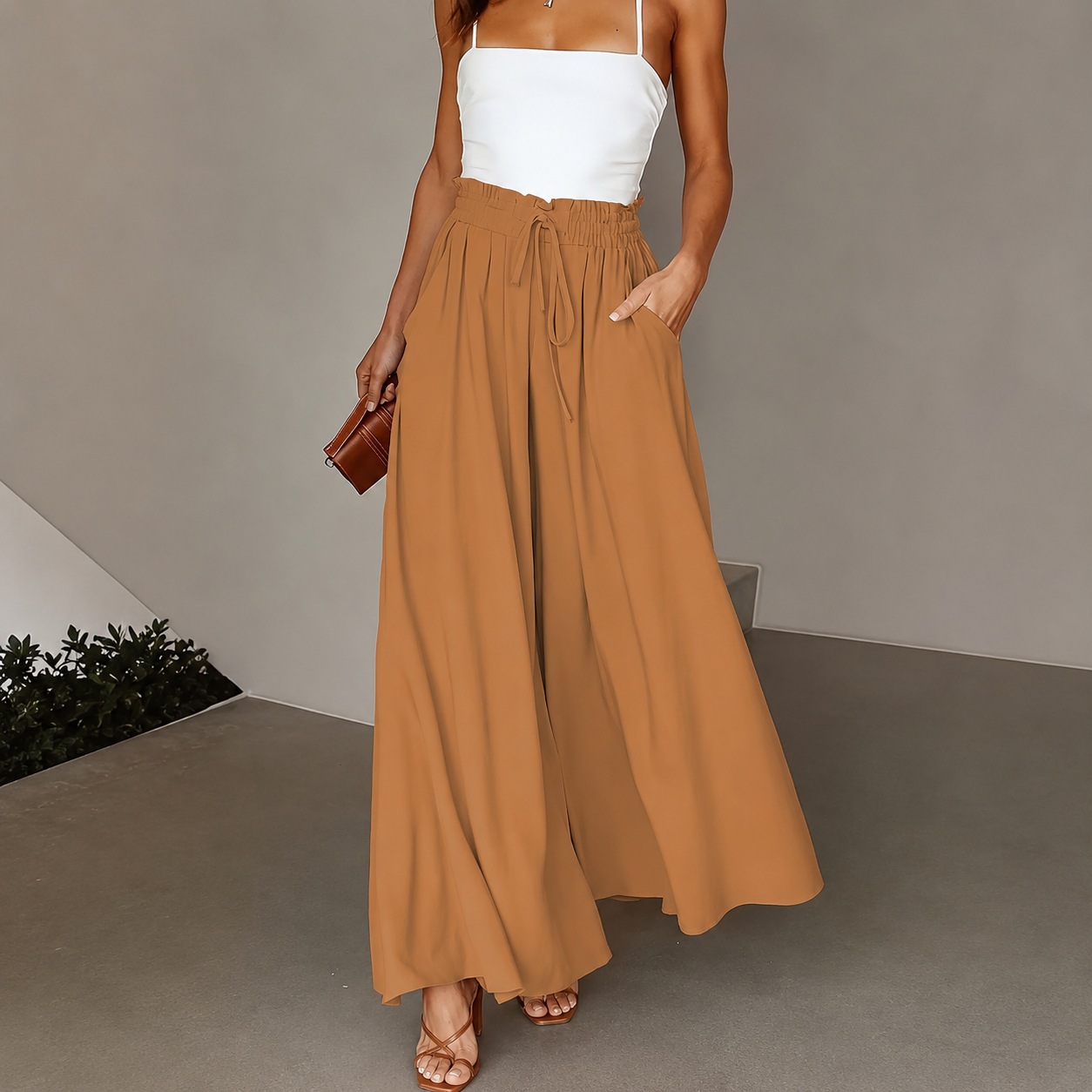 Loose Fit High Rise Wide Drawstring Pants With Pockets For Women