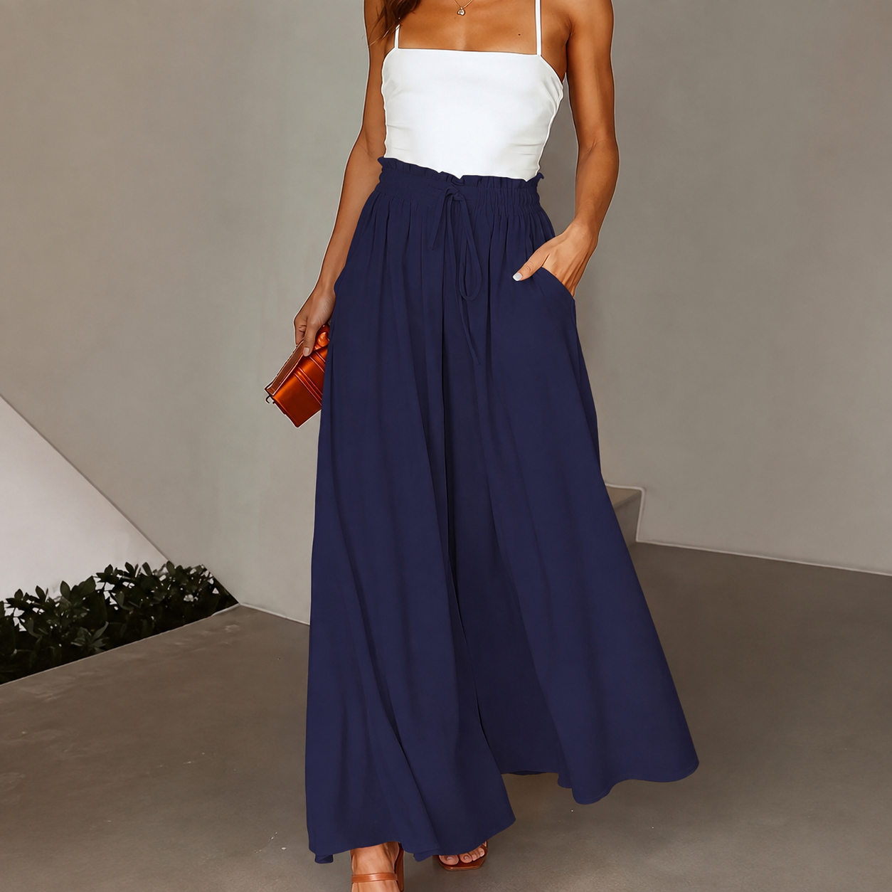 Loose Fit High Rise Wide Drawstring Pants With Pockets For Women