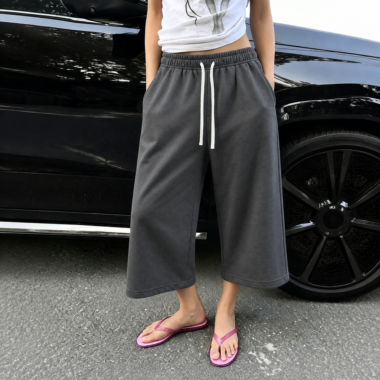 Casual Wide Loose Mid Length Sports Bermuda Lounge Pants With Drawstring For Women