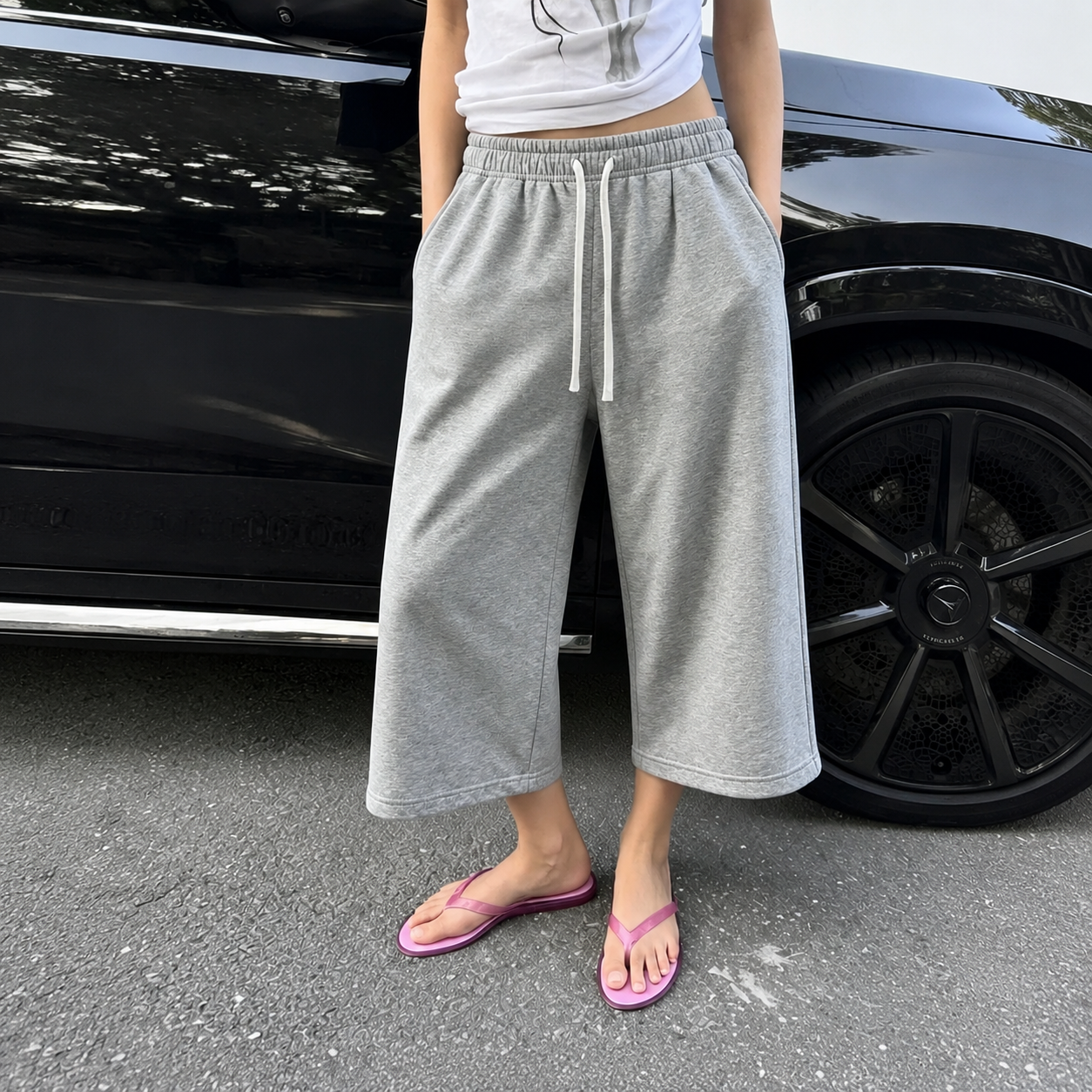 Casual Wide Loose Mid Length Sports Bermuda Lounge Pants With Drawstring For Women