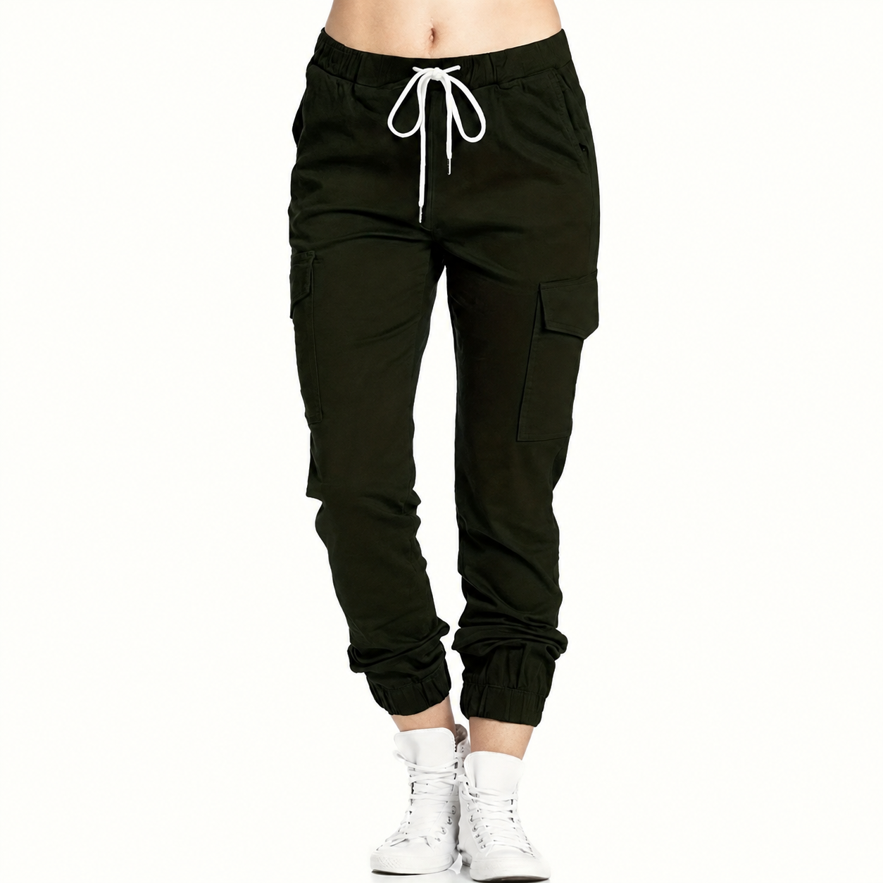 Casual Solid Long Cargo Pants With Drawstring And Pockets For Women