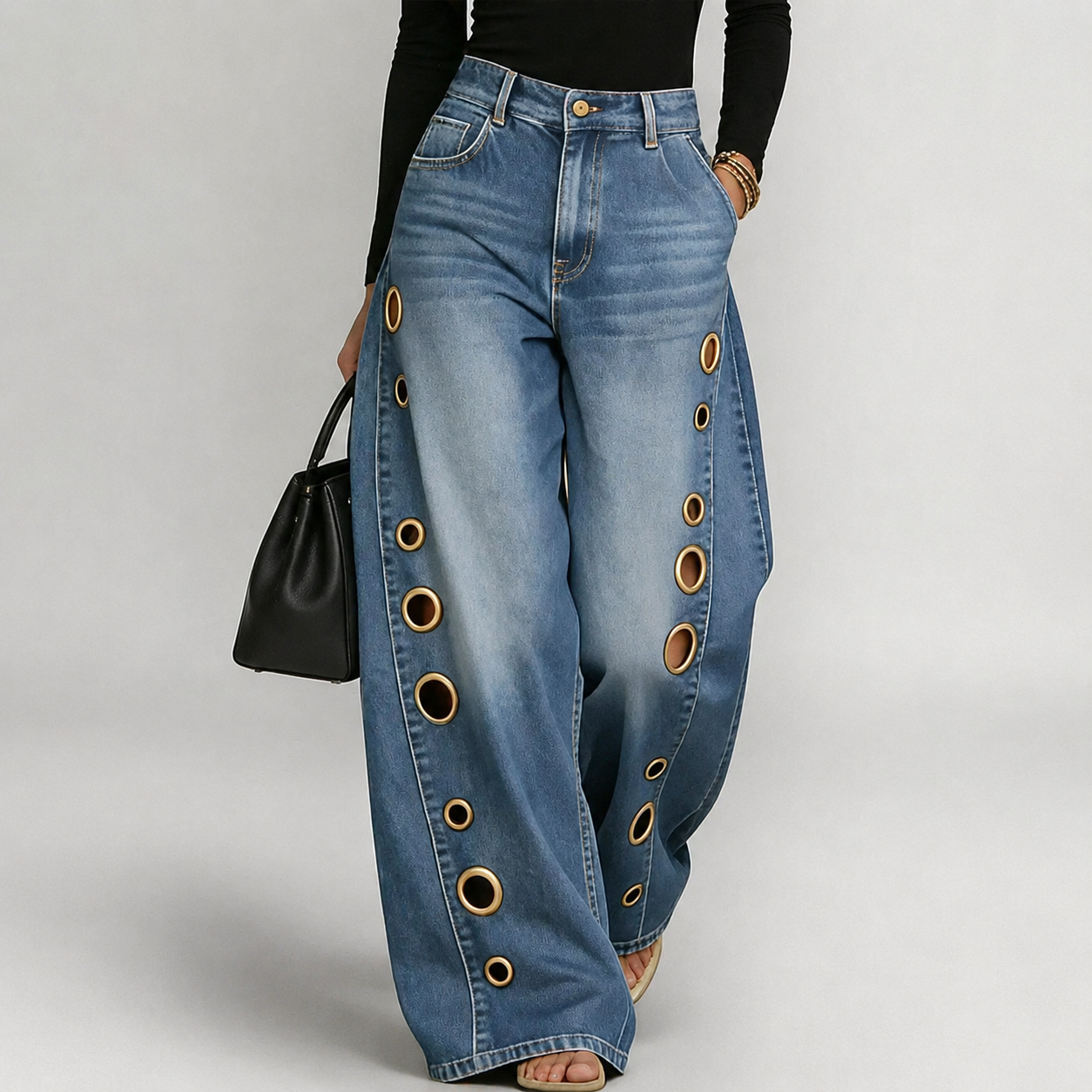 Casual Wide Loose Cutout Front Jeans With Button For Women