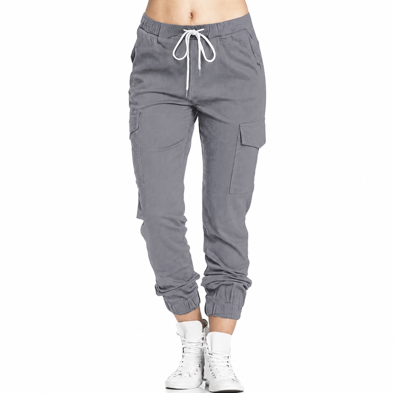 Casual Solid Long Cargo Pants With Drawstring And Pockets For Women