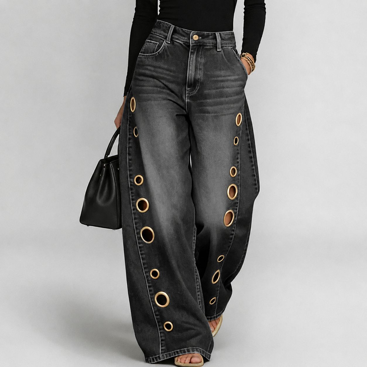 Casual Wide Loose Cutout Front Jeans With Button For Women