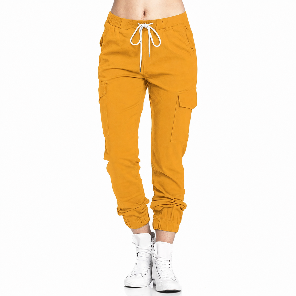 Casual Solid Long Cargo Pants With Drawstring And Pockets For Women
